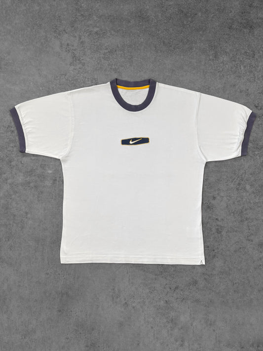 Front view of vintage late 1990s Nike ringer t-shirt in white with navy trim