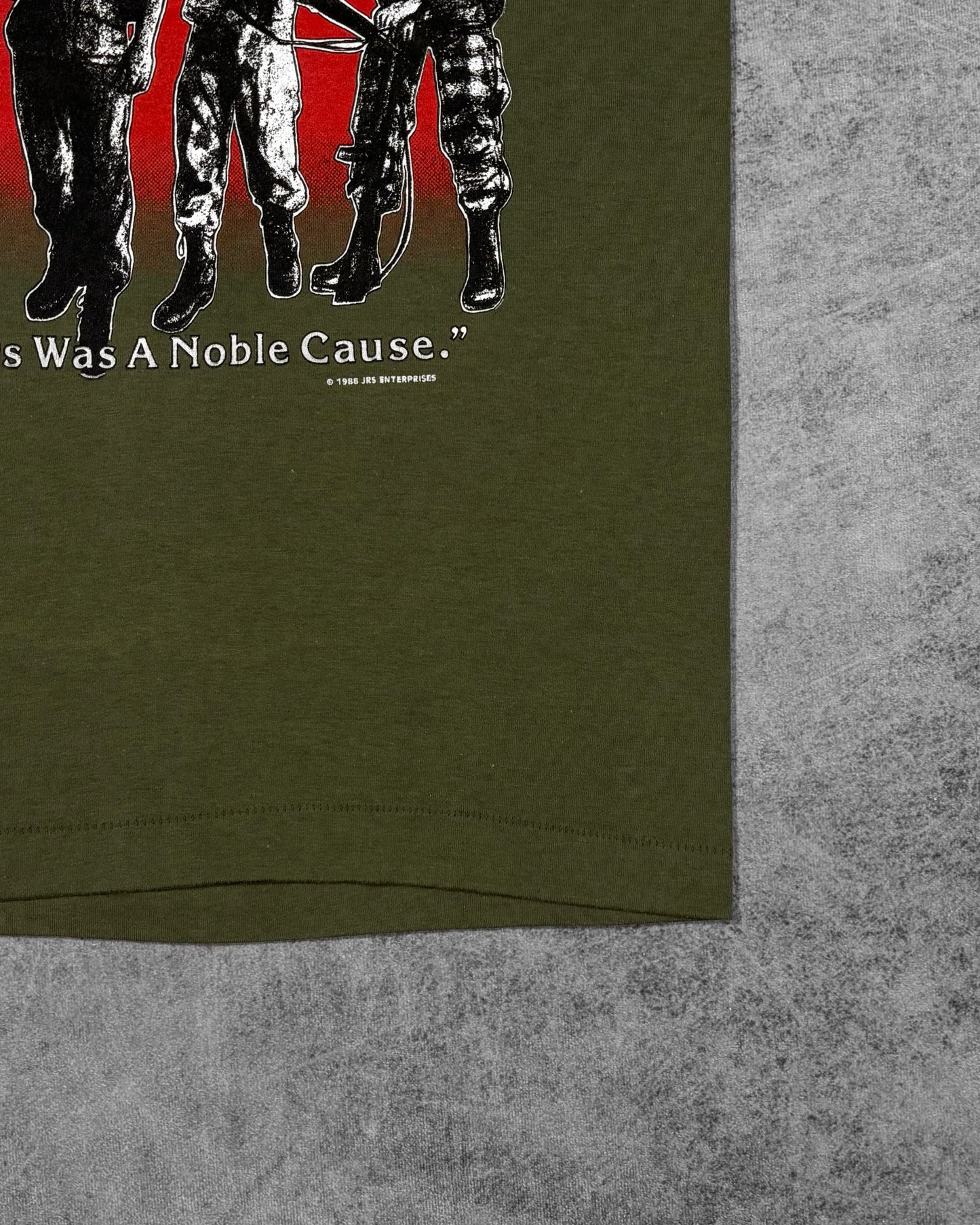 Vintage 1986 NAM Vietnam War "Ours Was A Noble Cause" t-shirt by JRS Enterprises – label detail