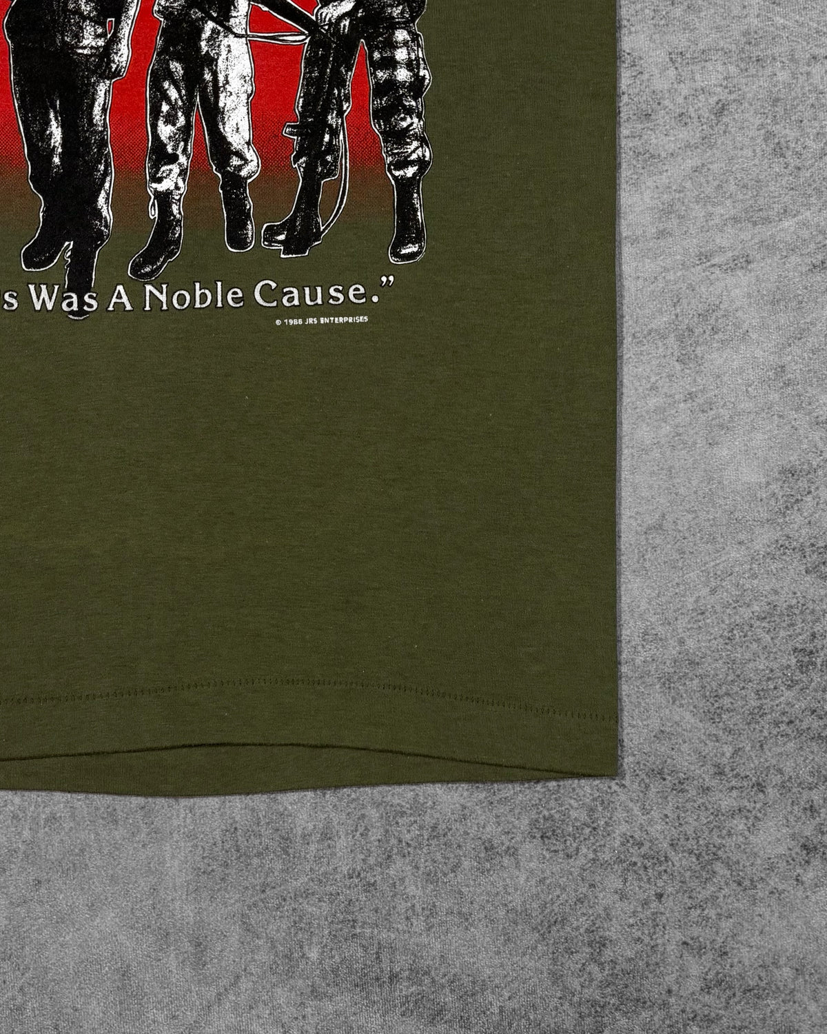 Vintage 1986 NAM Vietnam War "Ours Was A Noble Cause" t-shirt by JRS Enterprises – label detail