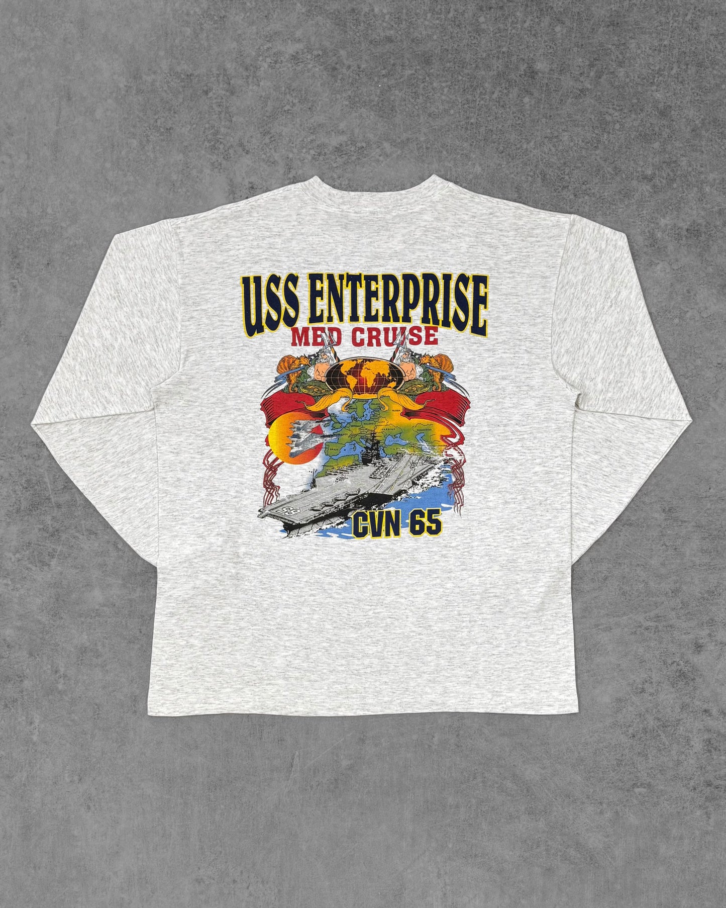 Vintage 1990s USS Enterprise CVN-65 Med Cruise Long Sleeve T-Shirt – Oneita Power-T – Made in USA