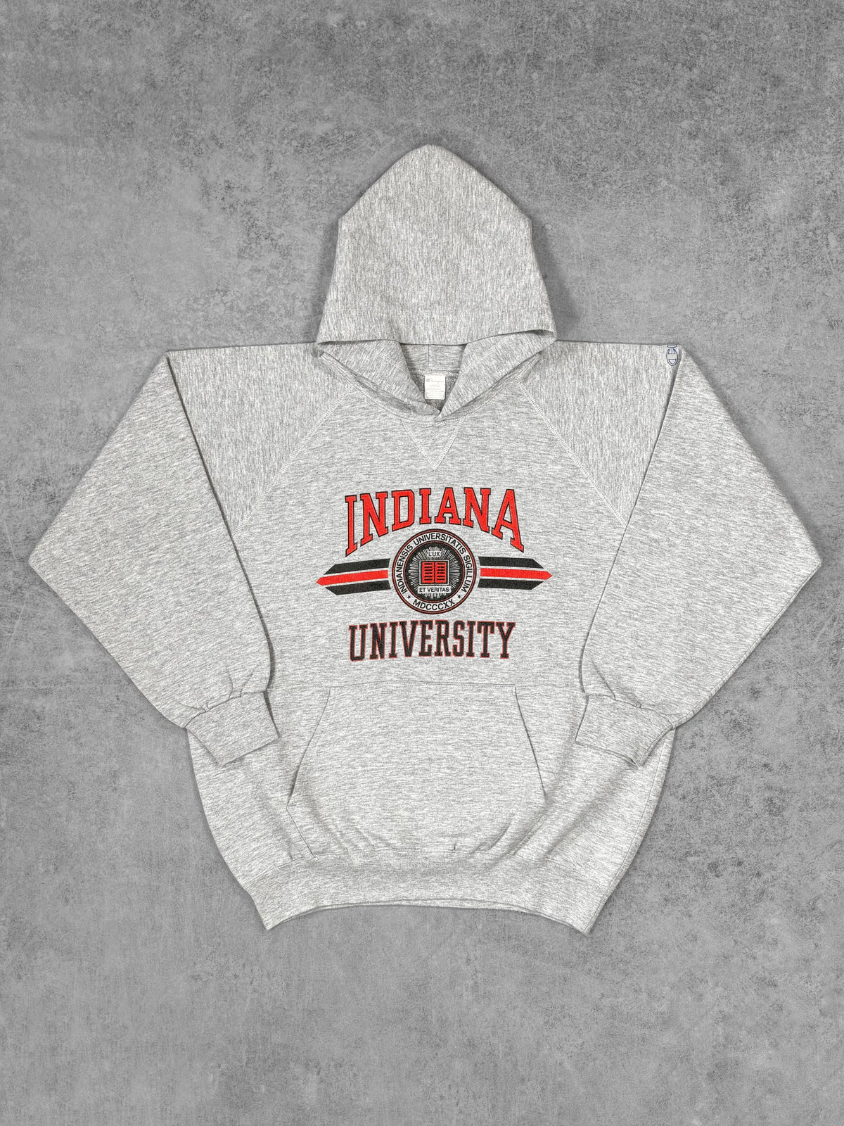 Vintage late 1980s Indiana University Champion raglan hoodie, front view
