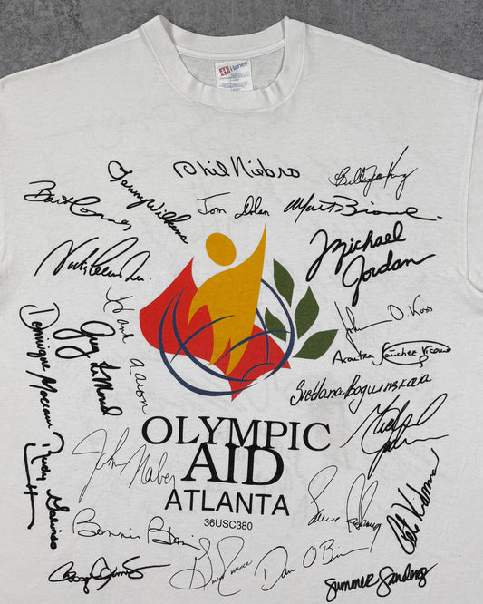 Print detail of the Olympic Aid logo and facsimile signatures including Michael Jordan on the front