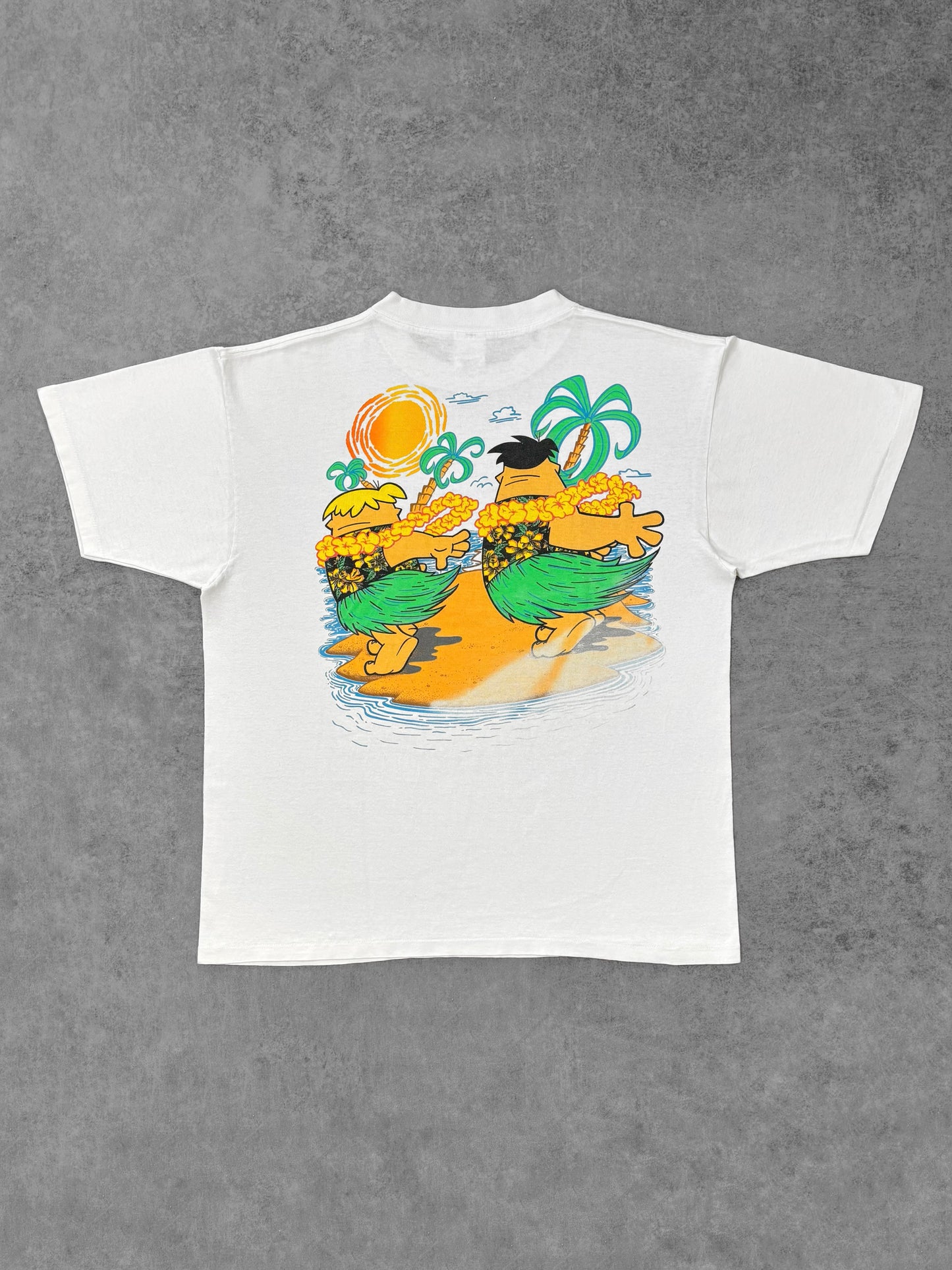 Print detail of the Flintstones Hawaiian graphic on the front