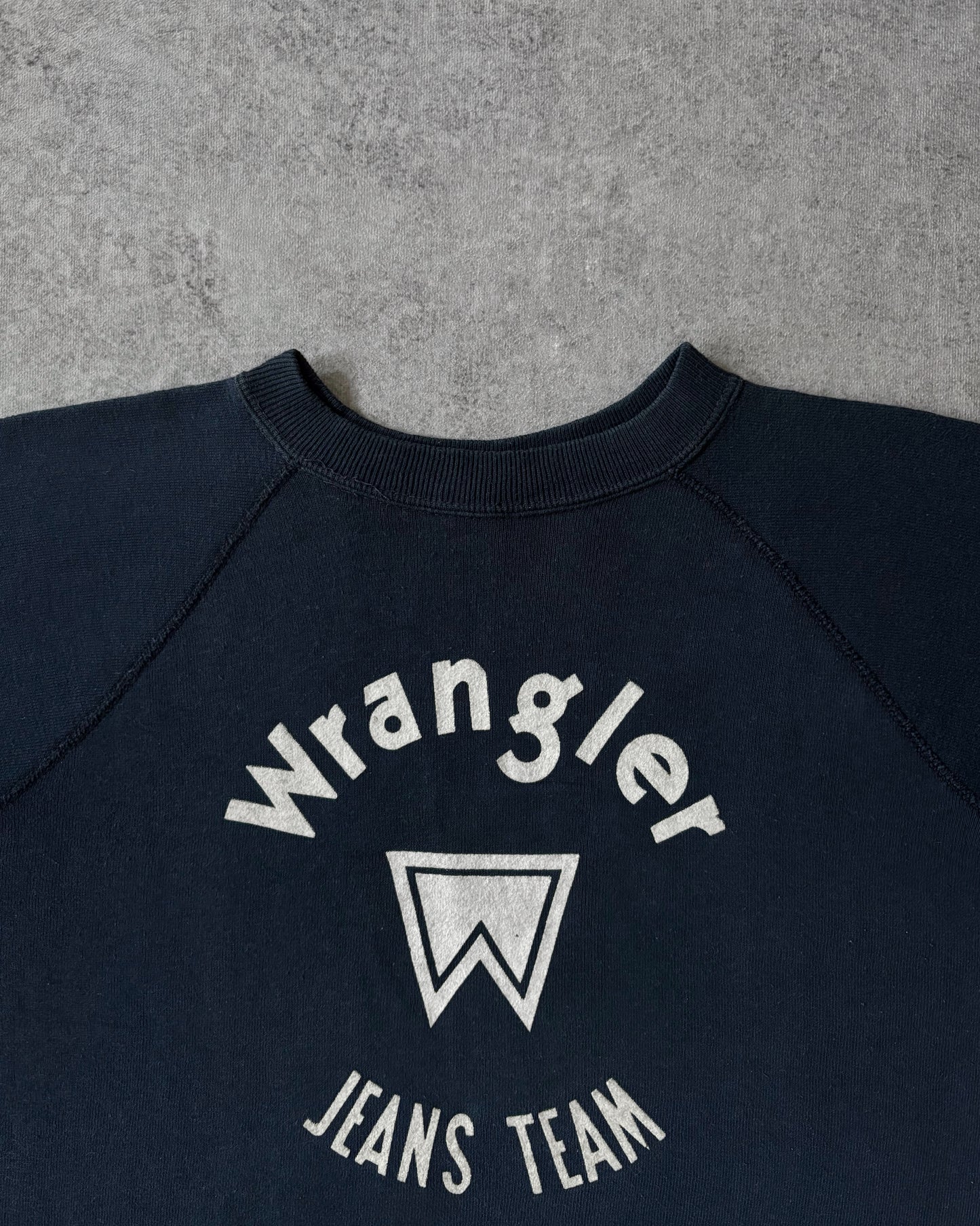 Vintage 1970s Wrangler Jeans Team Crewneck – Champion Blank – Flocked Print