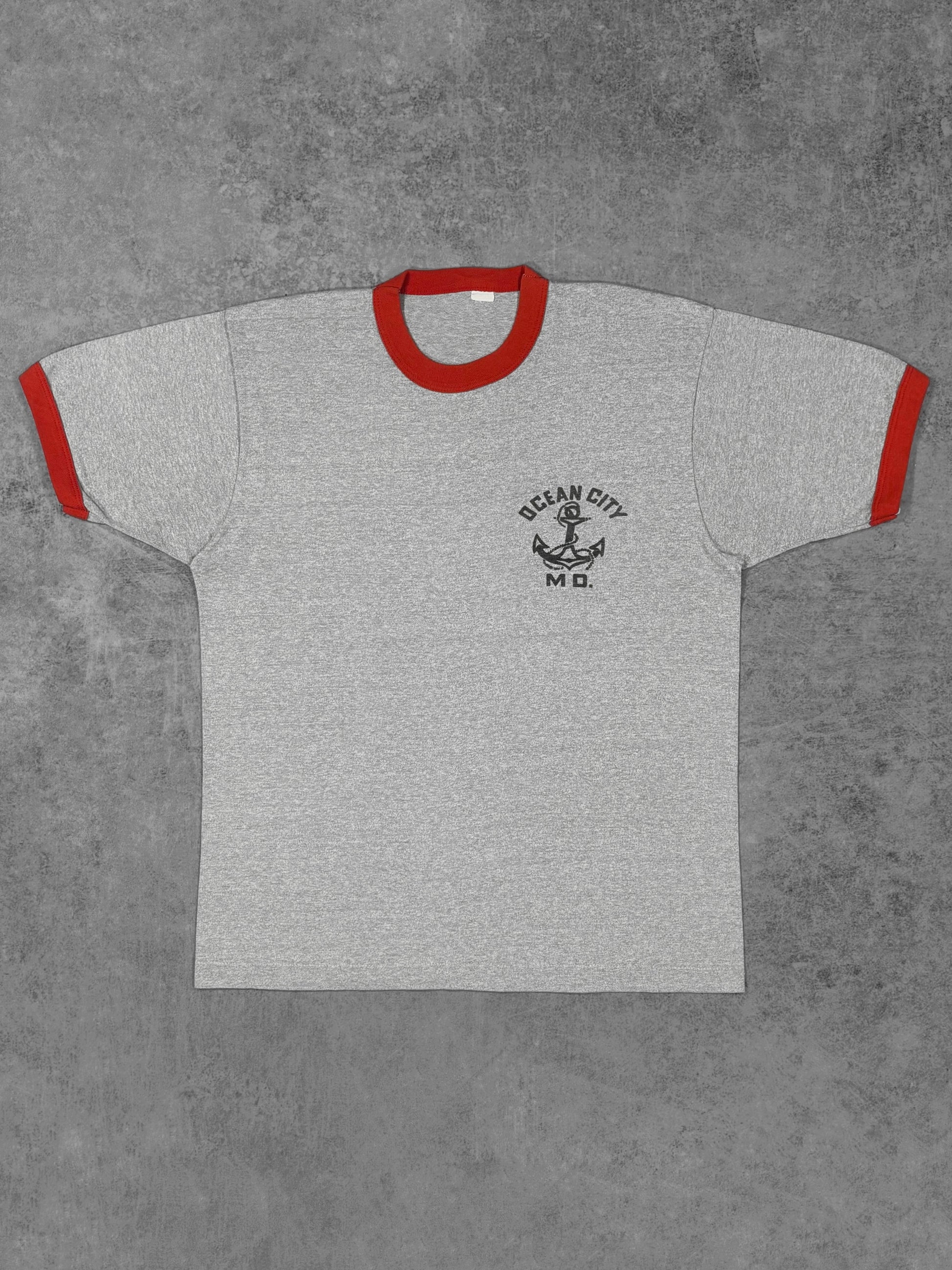 Vintage 1980s Ocean City Maryland ringer t-shirt, grey heather with red trim, front view