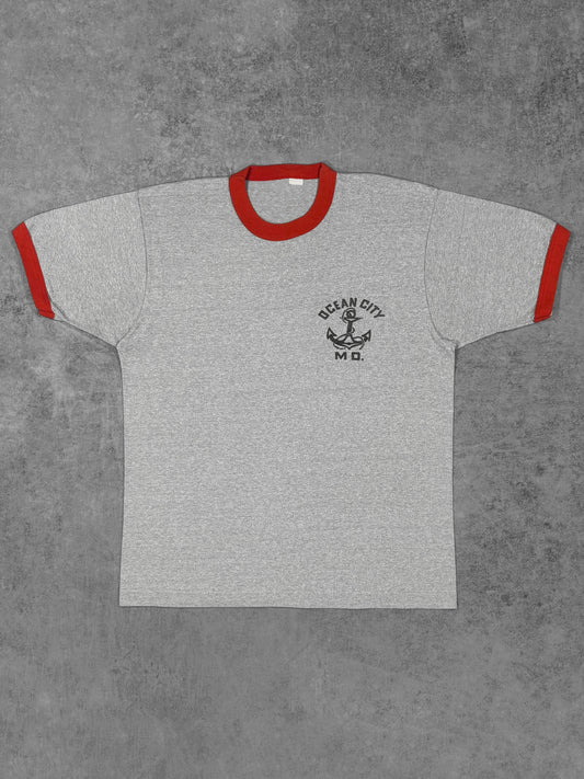 Vintage 1980s Ocean City Maryland ringer t-shirt, grey heather with red trim, front view