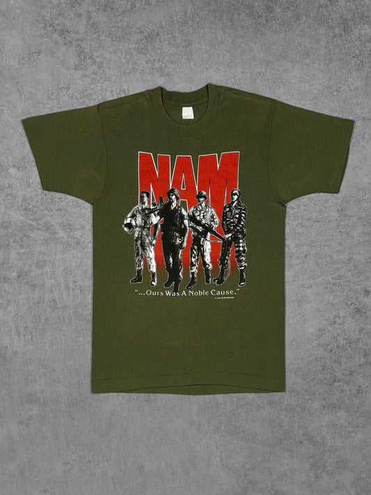 Vintage 1986 NAM Vietnam War "Ours Was A Noble Cause" t-shirt by JRS Enterprises – front view