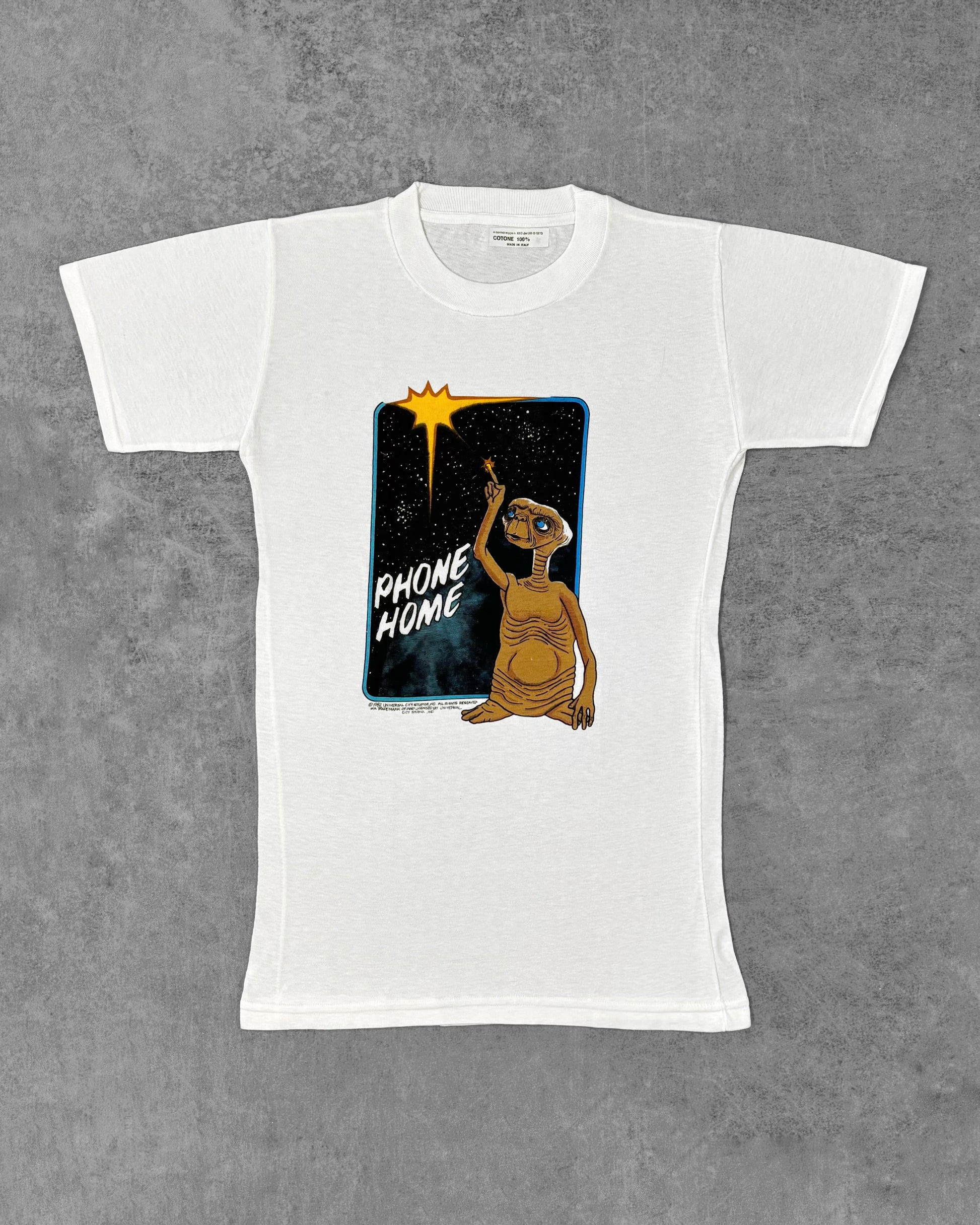 Front view of vintage 1982 E.T. Phone Home graphic t-shirt, Made in Italy