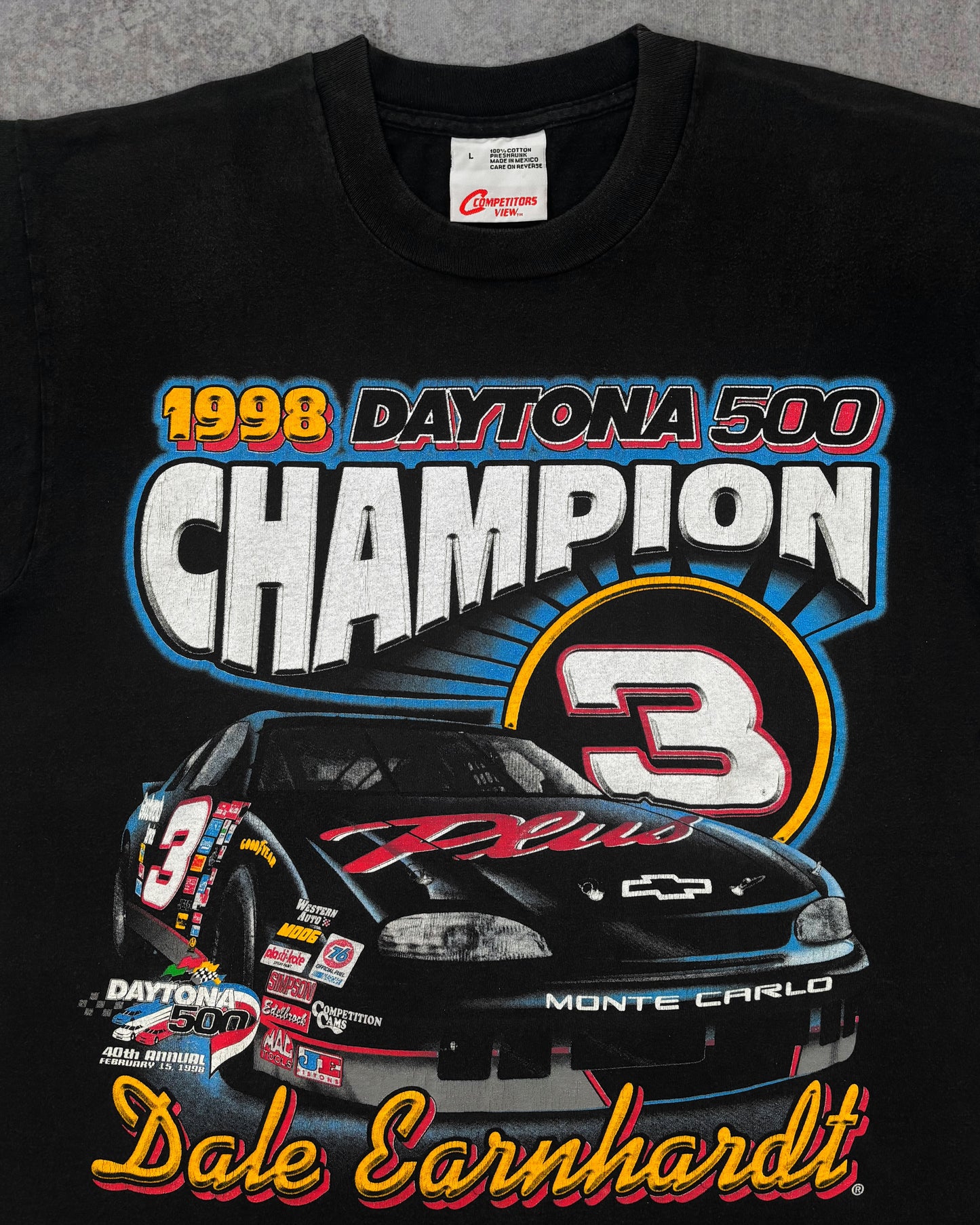 Vintage 1998 Dale Earnhardt Daytona 500 Champion NASCAR Double Sided Racing T-Shirt - Competitors View Black