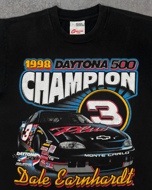 Vintage 1998 Dale Earnhardt Daytona 500 Champion NASCAR Double Sided Racing T-Shirt - Competitors View Black