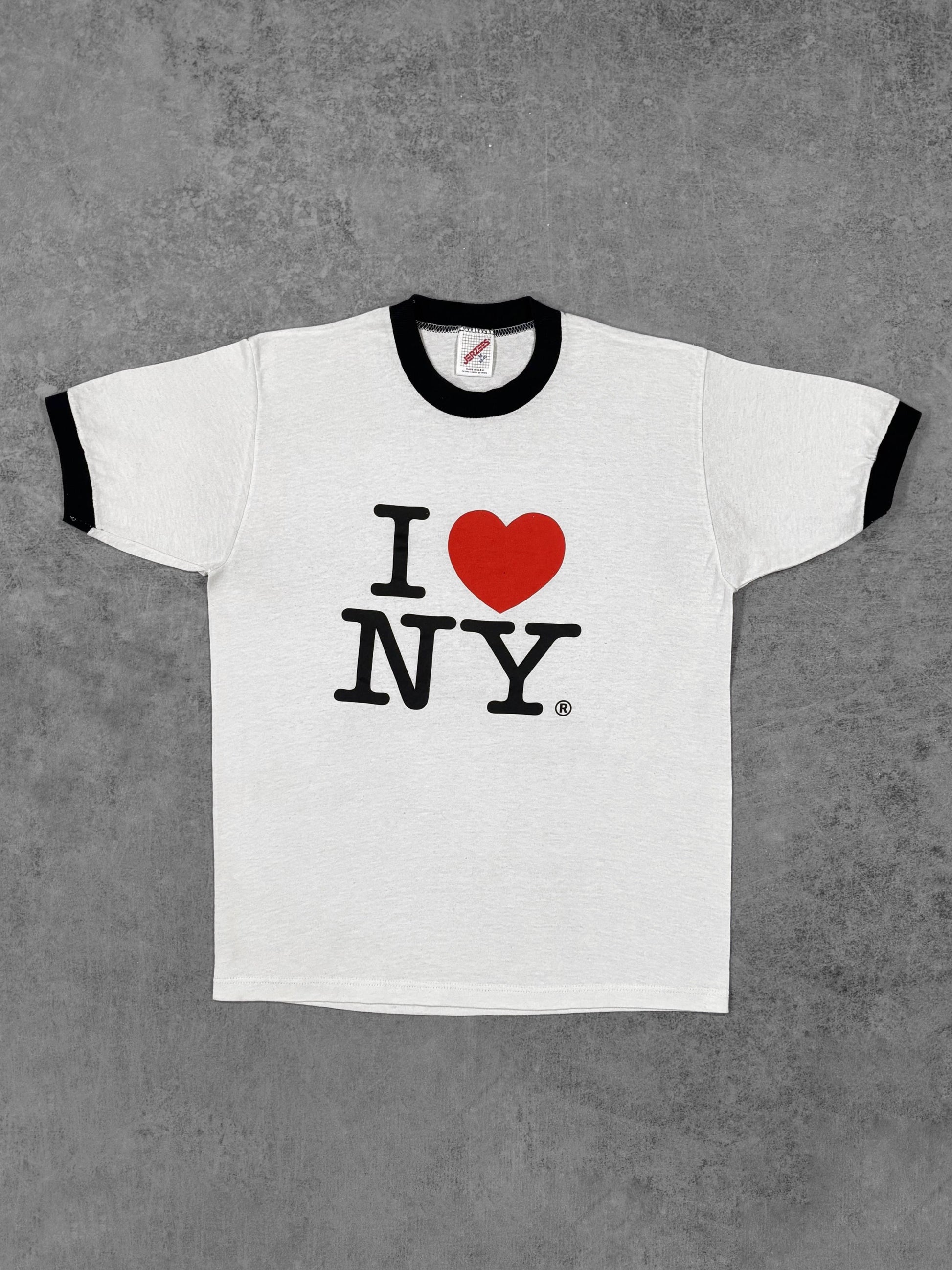 Vintage 1980s I Love NY ringer t-shirt, off-white with black trim, front view