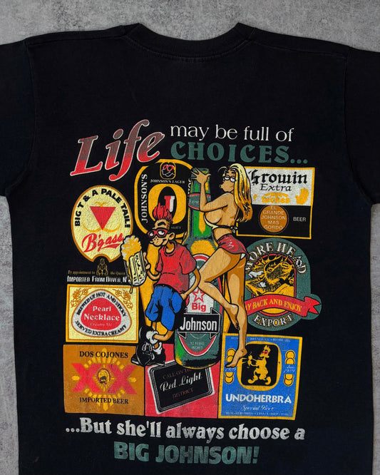 Vintage 1990s Big Johnson Beer Parody V-Neck T-Shirt – Screen Stars Fruit of the Loom – Double Sided Graphic Tee