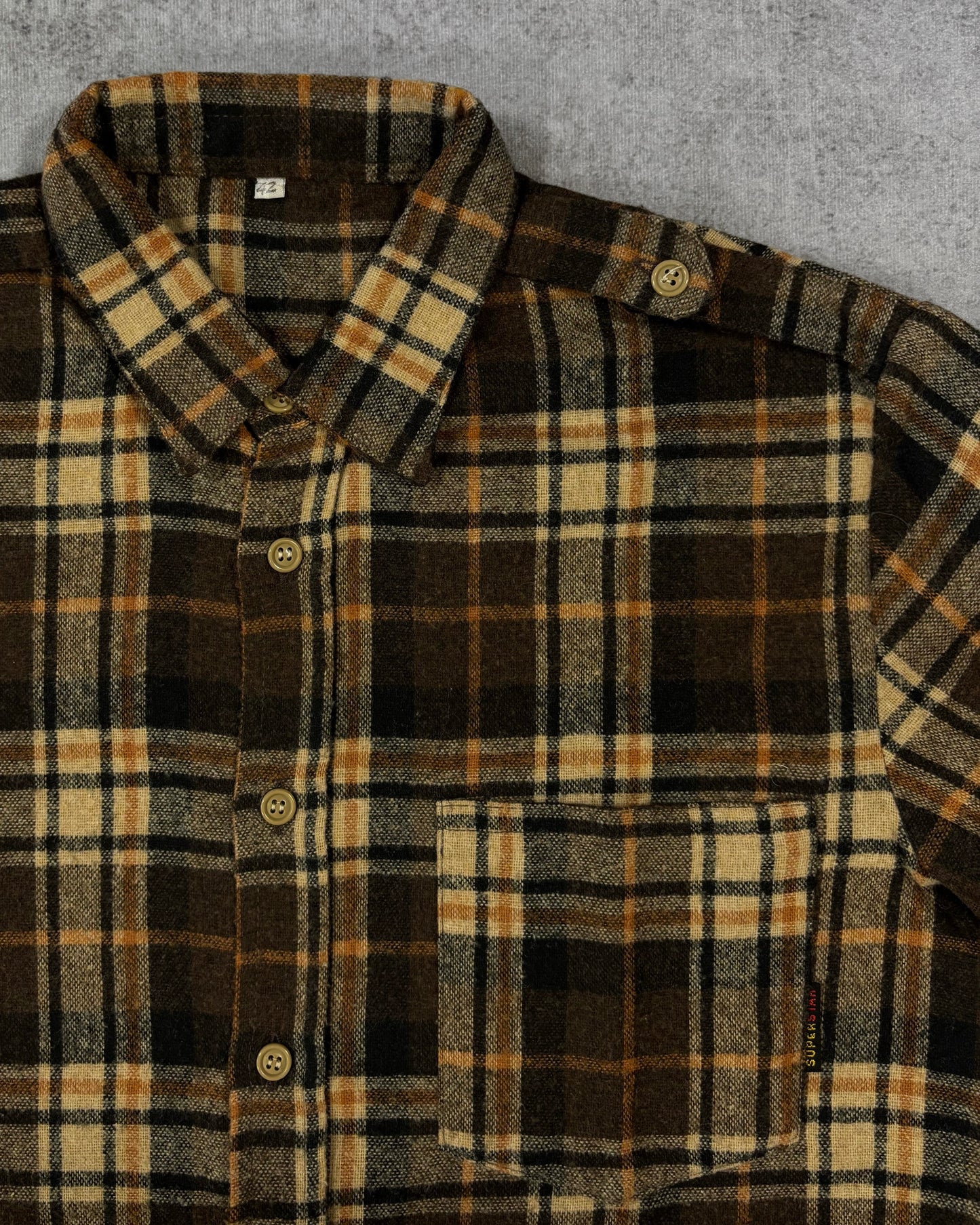 Vintage 1990s Super Star Plaid Flannel Brown Shirt - Beige Check Workwear Button Up