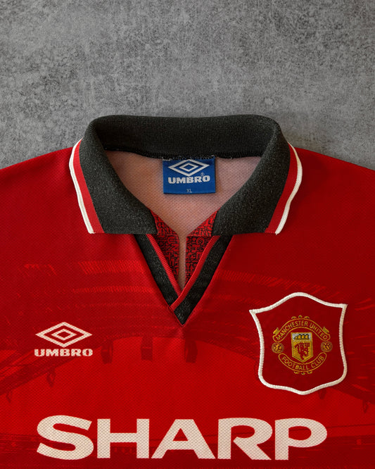 Vintage Manchester United 94/95 Home Jersey – Umbro – Sharp Sponsor – Old Trafford Graphic – XL