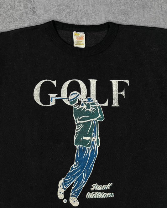 Close-up print detail of the screen-printed golfer graphic and 'GOLF' lettering on the Frank William crewneck sweatshirt