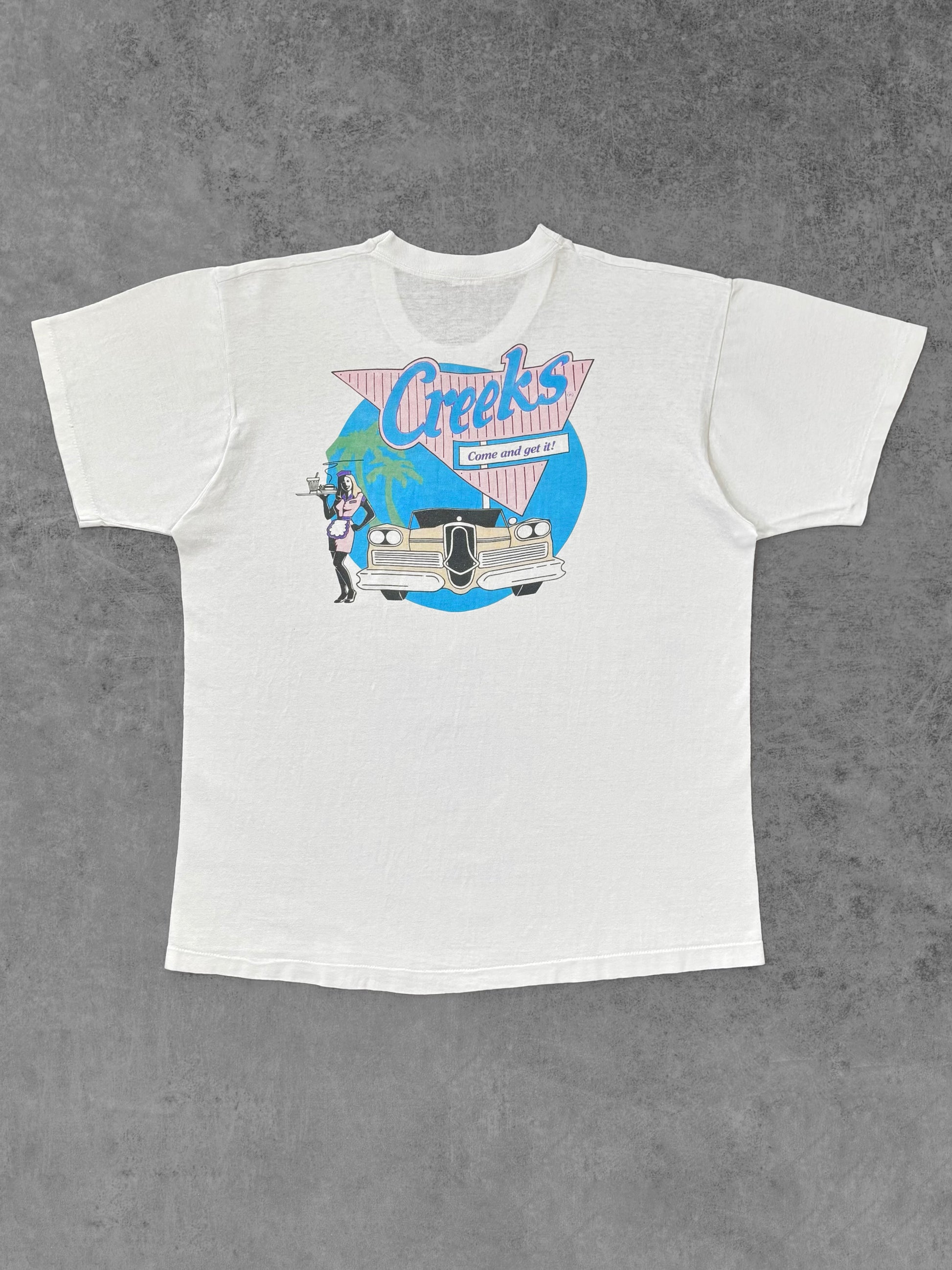 Vintage 1980s Creeks Restaurant graphic t-shirt, white, front view
