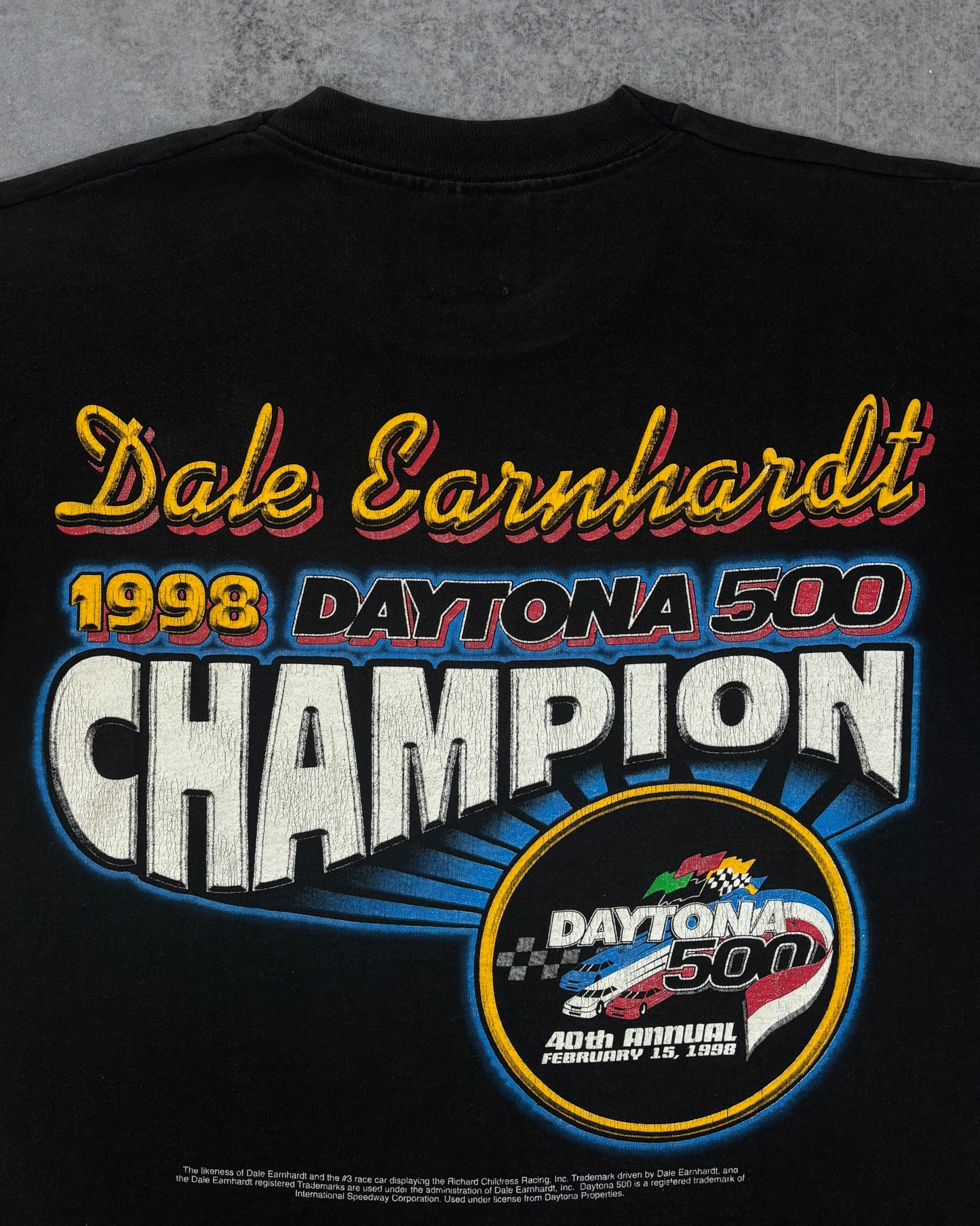 Vintage 1998 Dale Earnhardt Daytona 500 Champion NASCAR Double Sided Racing T-Shirt - Competitors View Black