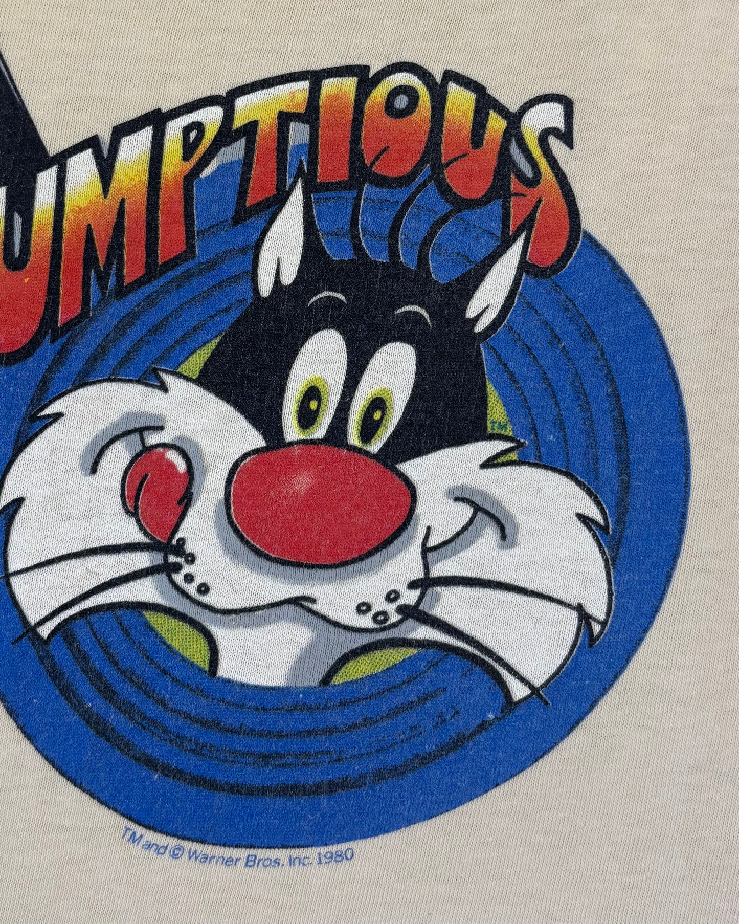 100% cotton fabric detail of vintage 1980 Sylvester t-shirt