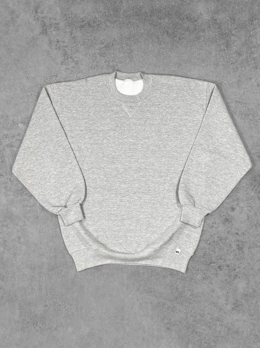 Vintage 1990s Russell Athletic Grey Blank Crewneck – V-Stitch Fleece Sweatshirt