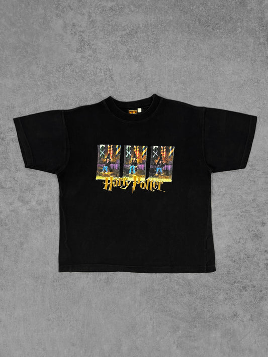 Front view of vintage 2001 Harry Potter movie promo black graphic t-shirt