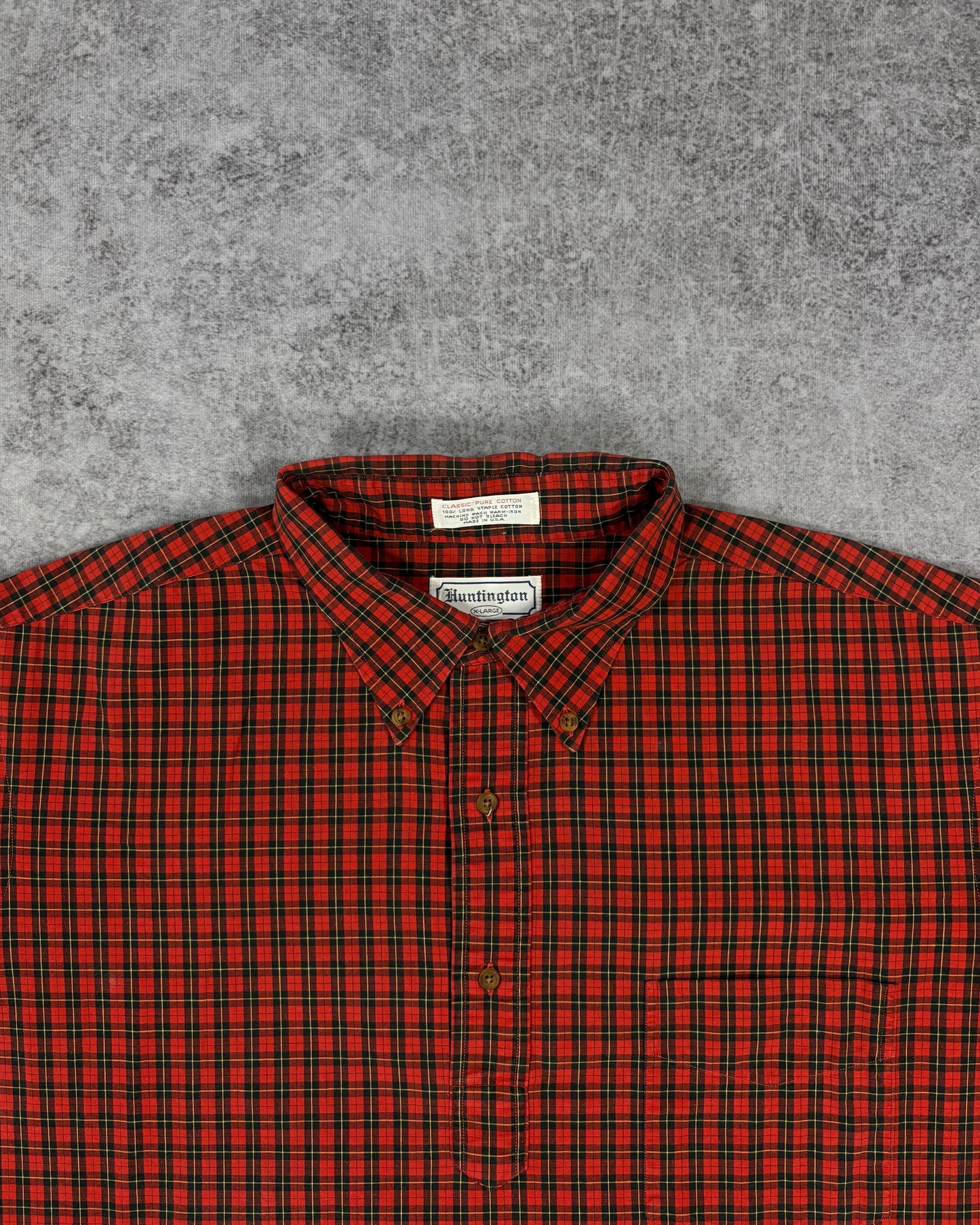 Vintage 1990s Huntington Red Tartan Check Short Sleeve Button Down Shirt - Made in USA