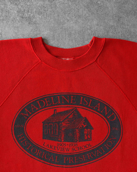 Vintage 1980s Madeline Island Lakeview School Sweatshirt – Made in USA – Red Raglan Crewneck