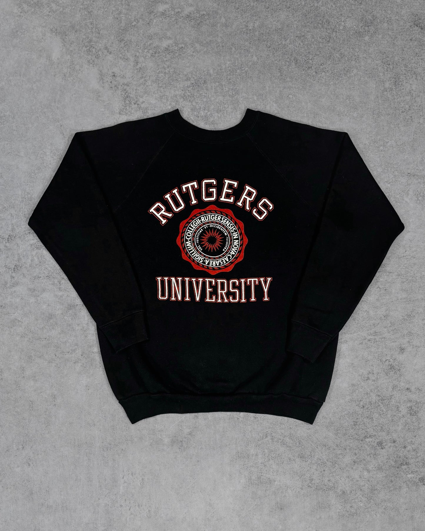 Vintage 1980s Rutgers University Flocked Logo Crewneck Sweatshirt – Made in USA – Black Raglan College Spellout