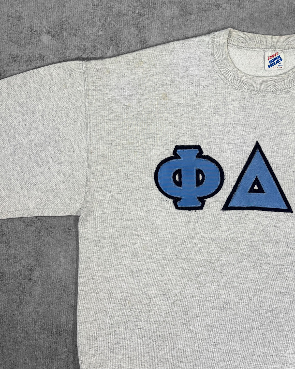 Vintage early 1990s Phi Delta Theta Jerzees Super Sweats crewneck, label detail