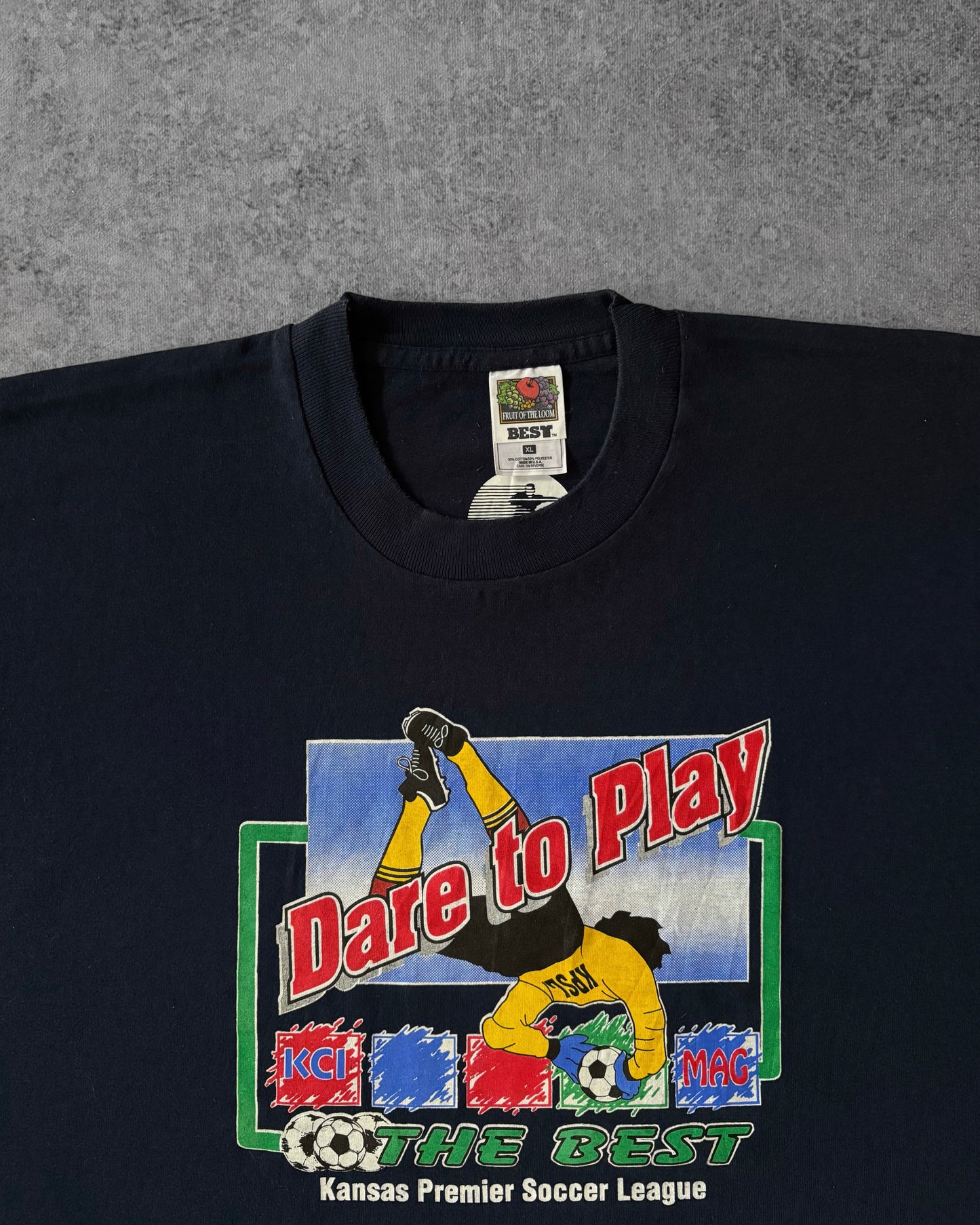 Vintage KPSL “Dare to Play” Soccer Tee – 90s Fruit of the Loom Best – Kansas Premier League