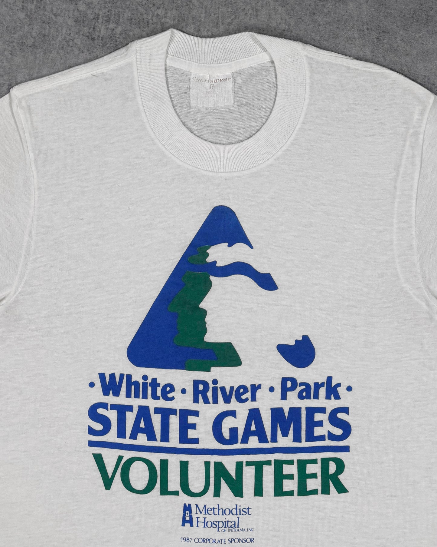 1987 Corporate Sponsor graphic print detail on White River Park State Games t-shirt