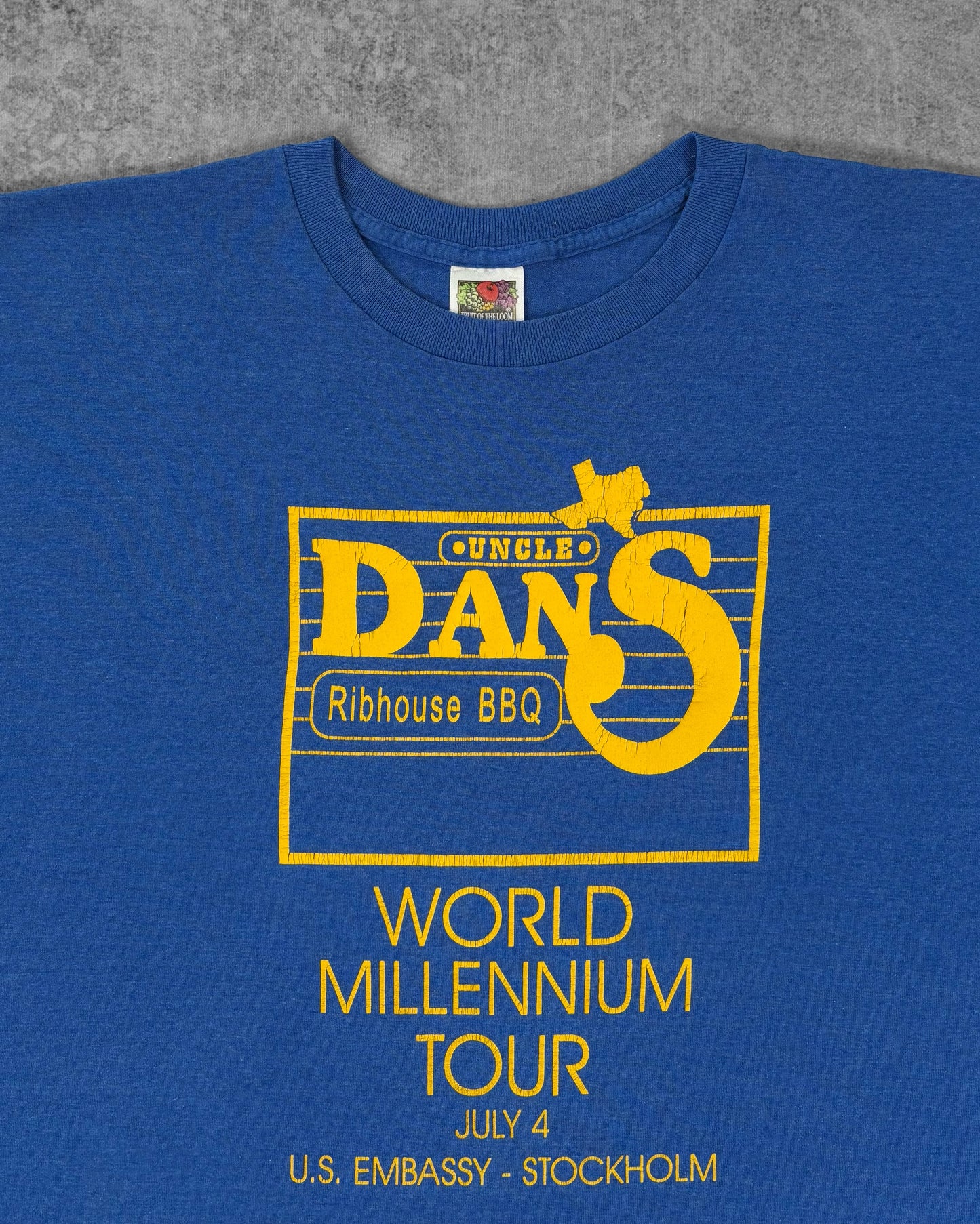 Vintage Early 2000s Uncle Dan’s Ribhouse BBQ World Millennium Tour T-Shirt - USA Embassy Stockholm - Fruit of the Loom