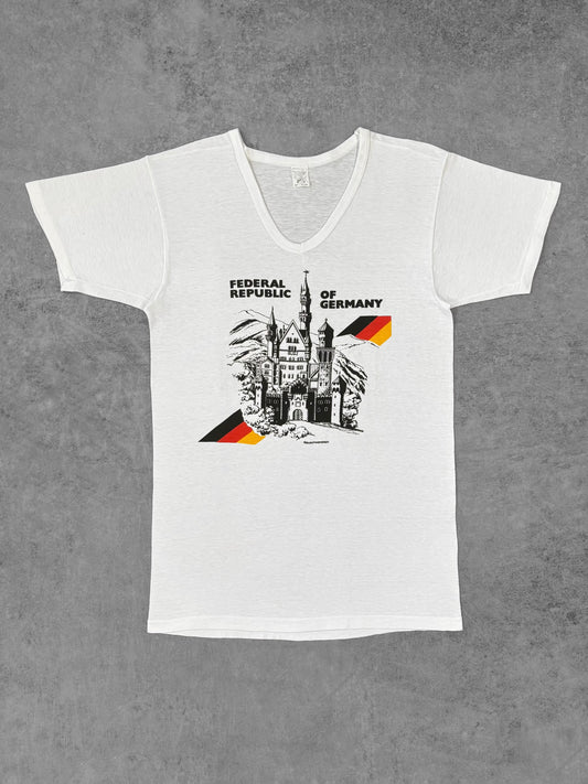 Vintage 1970s Federal Republic of Germany Neuschwanstein Castle V-Neck T-Shirt - Made in USA - West Germany Souvenir