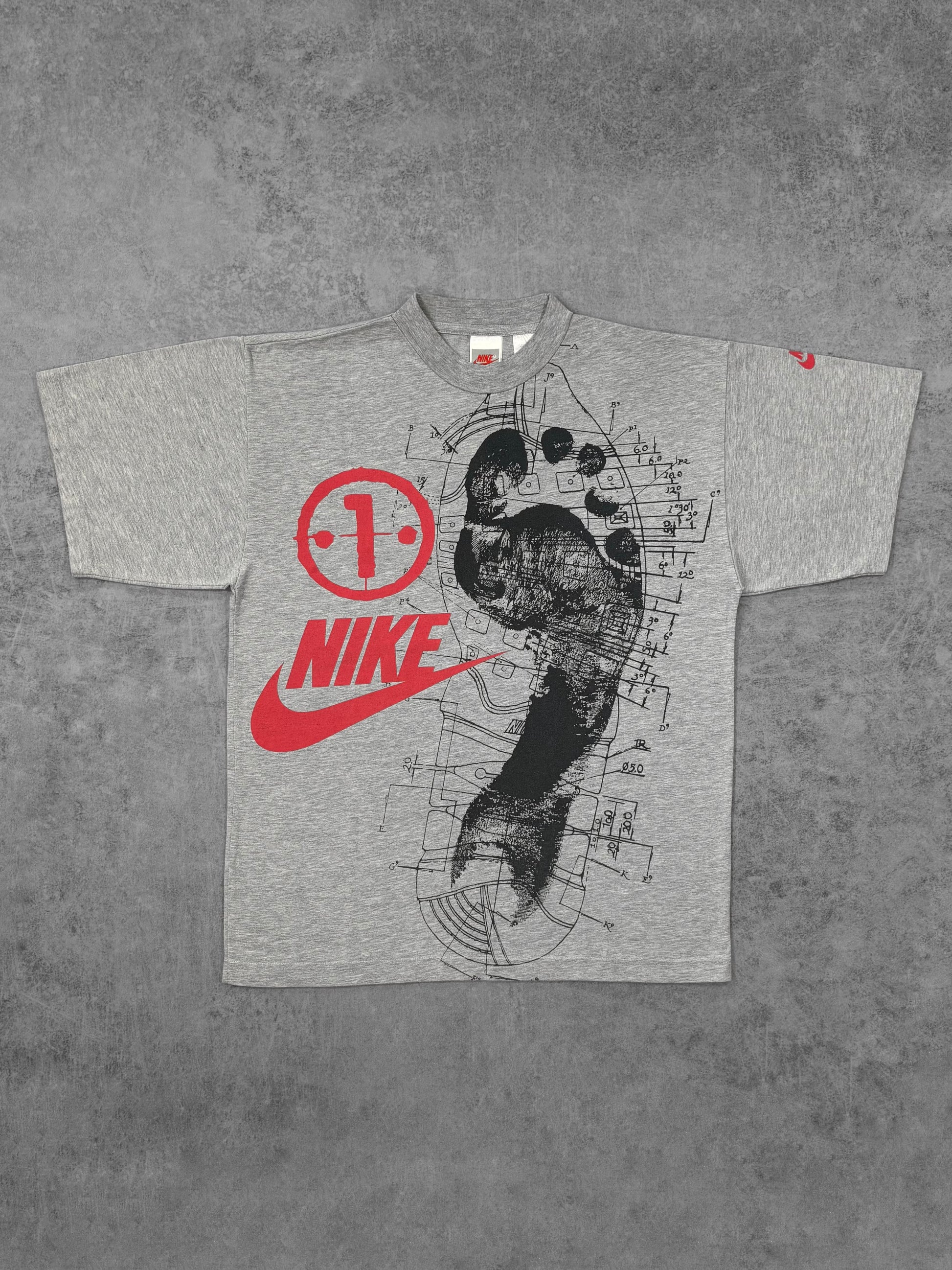 Front view of vintage 1990s Nike Air Max technical graphic t-shirt with anatomical shoe illustration