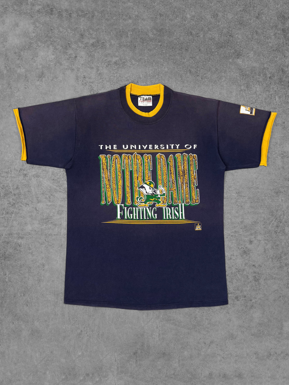 Vintage 1992 sun faded navy Notre Dame Fighting Irish 150th anniversary double layer T-shirt, Team Edition Apparel – front view