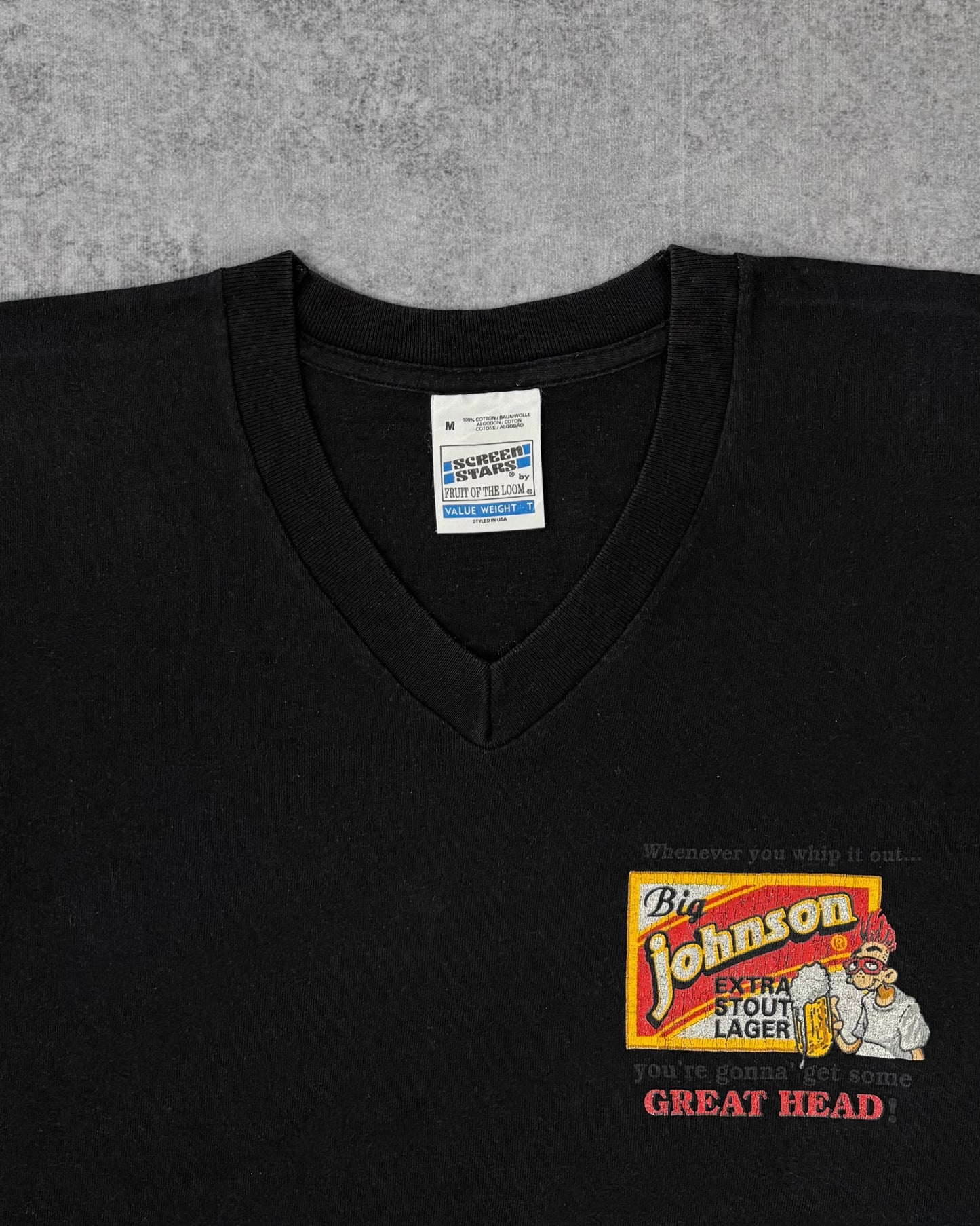 Vintage 1990s Big Johnson Beer Parody V-Neck T-Shirt – Screen Stars Fruit of the Loom – Double Sided Graphic Tee