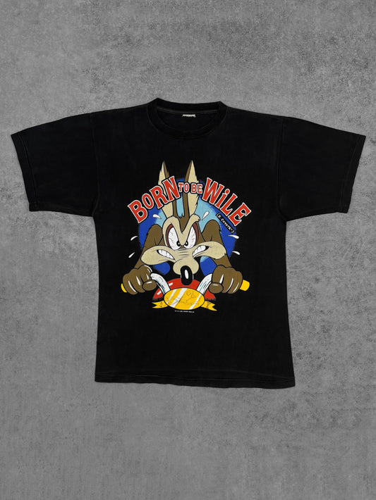 Front view of vintage 1989 Warner Bros Wile E. Coyote Born to Be Wile graphic t-shirt in black