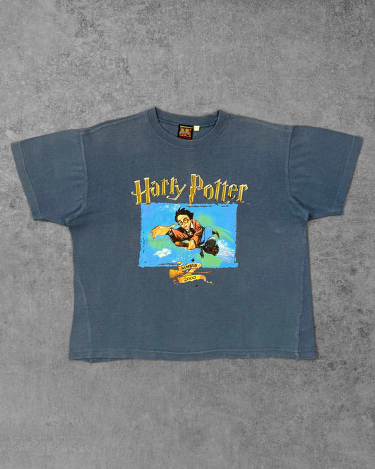 Front view of vintage 2001 Harry Potter Nimbus 2000 graphic t-shirt in blue