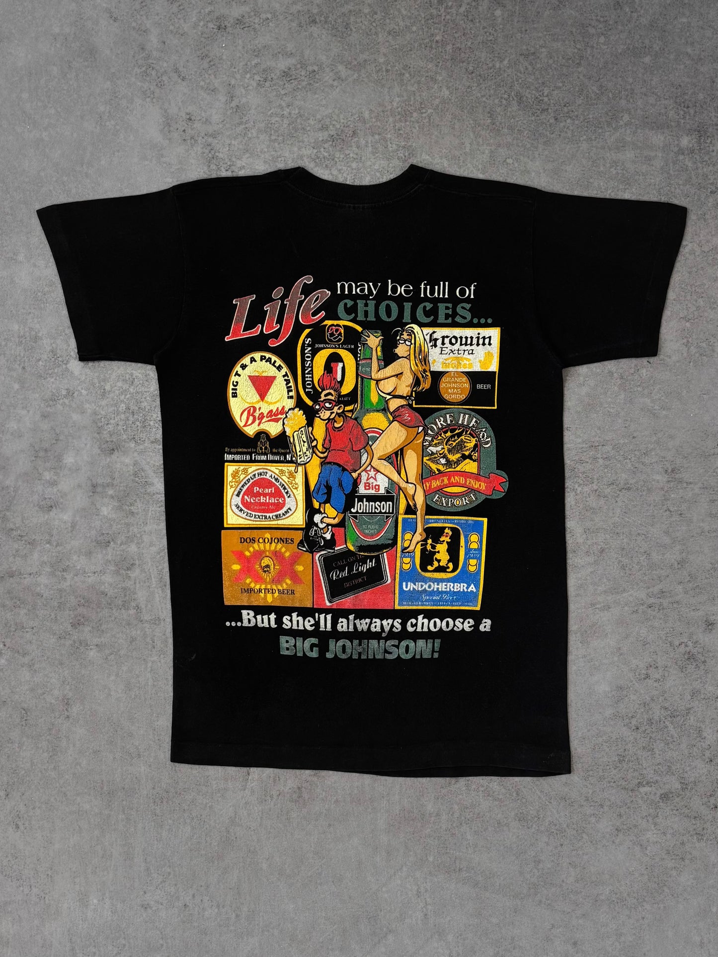 Vintage 1990s Big Johnson Beer Parody V-Neck T-Shirt – Screen Stars Fruit of the Loom – Double Sided Graphic Tee