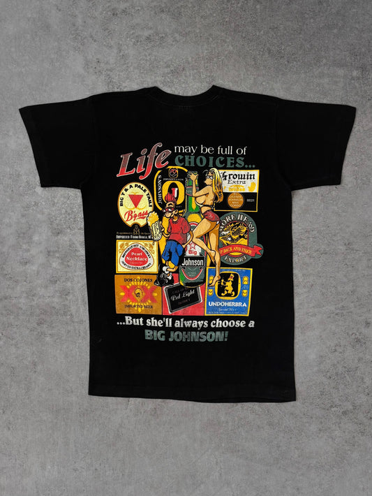 Vintage 1990s Big Johnson Beer Parody V-Neck T-Shirt – Screen Stars Fruit of the Loom – Double Sided Graphic Tee