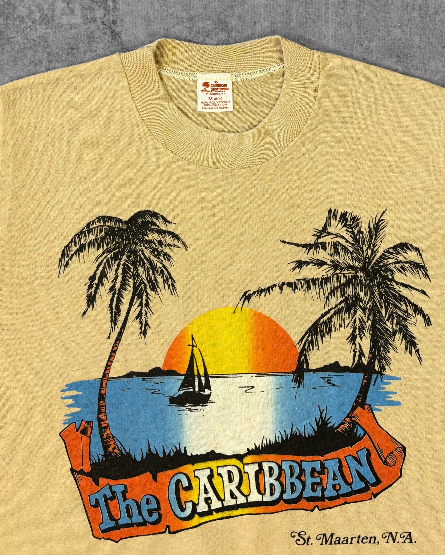 Vintage 1980s Caribbean Sportswear St. Maarten Souvenir T-Shirt - Sunset Palm Trees Graphic 50/50 - USA Made