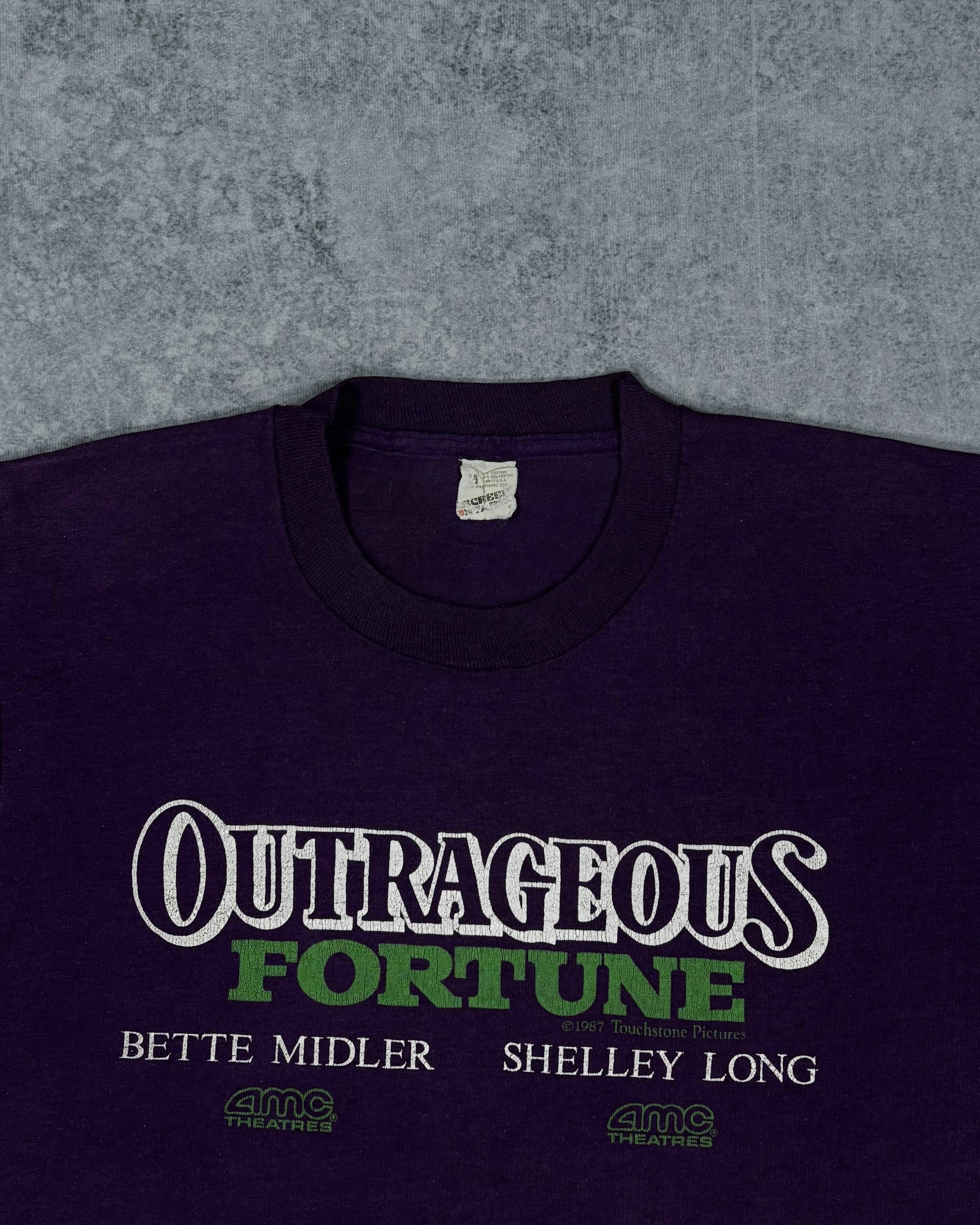 Outrageous Fortune 1987 movie graphic print detail, white and green