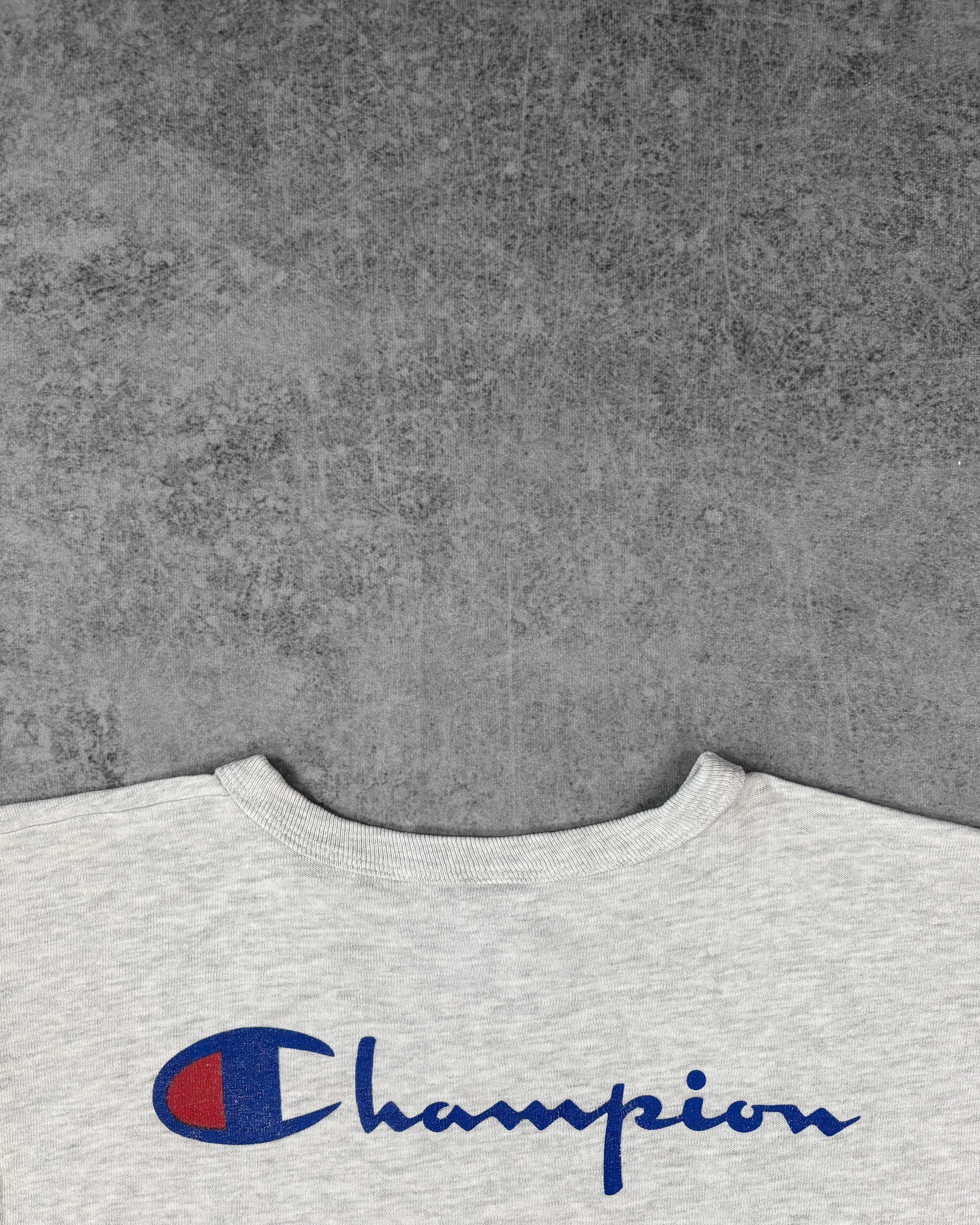 Print detail of the Champion script logo on the back of the t-shirt