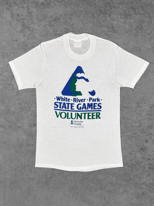 Vintage 1987 White River Park State Games volunteer t-shirt, front view