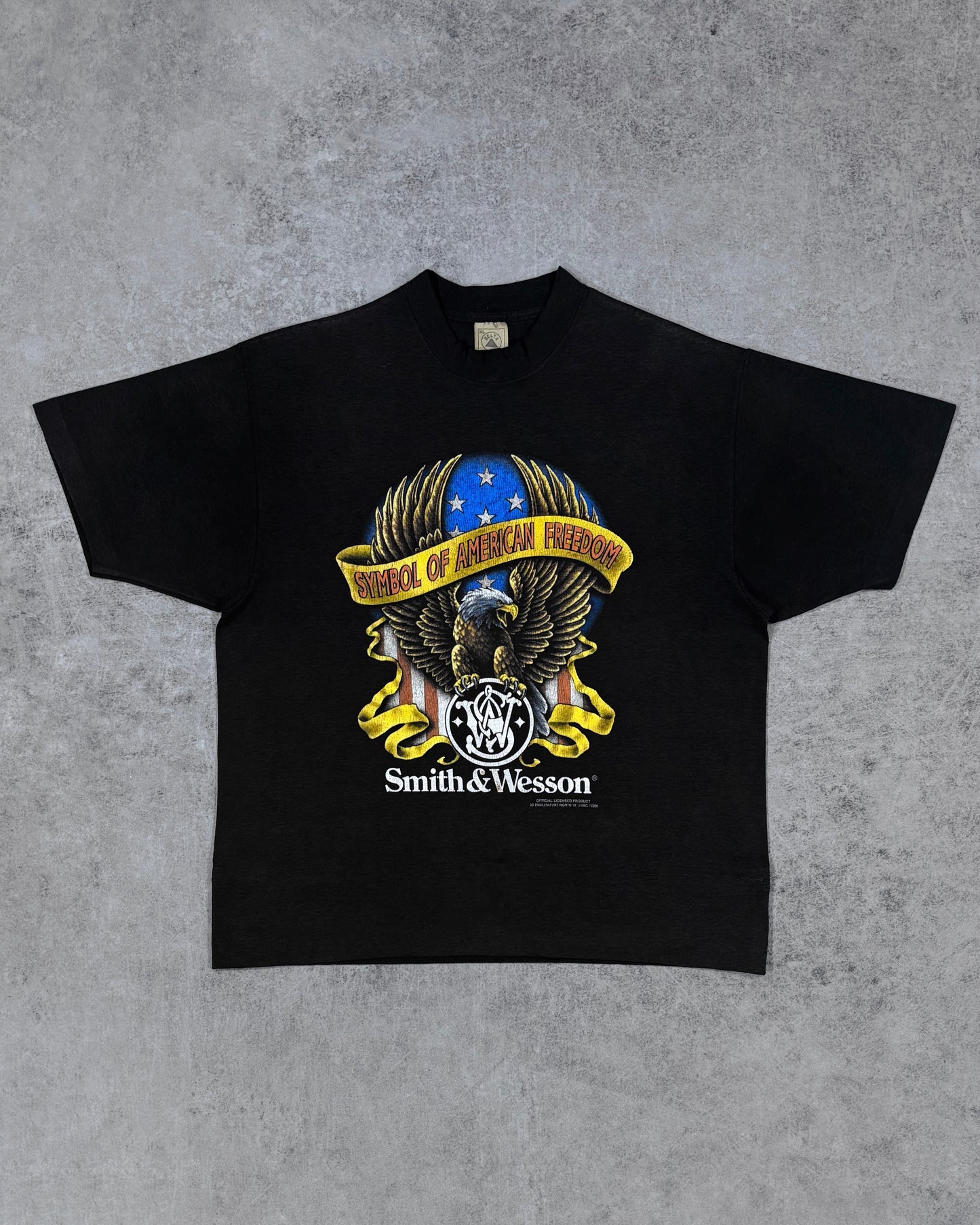 Vintage 1992 Smith and Wesson eagle graphic t-shirt, black, front view