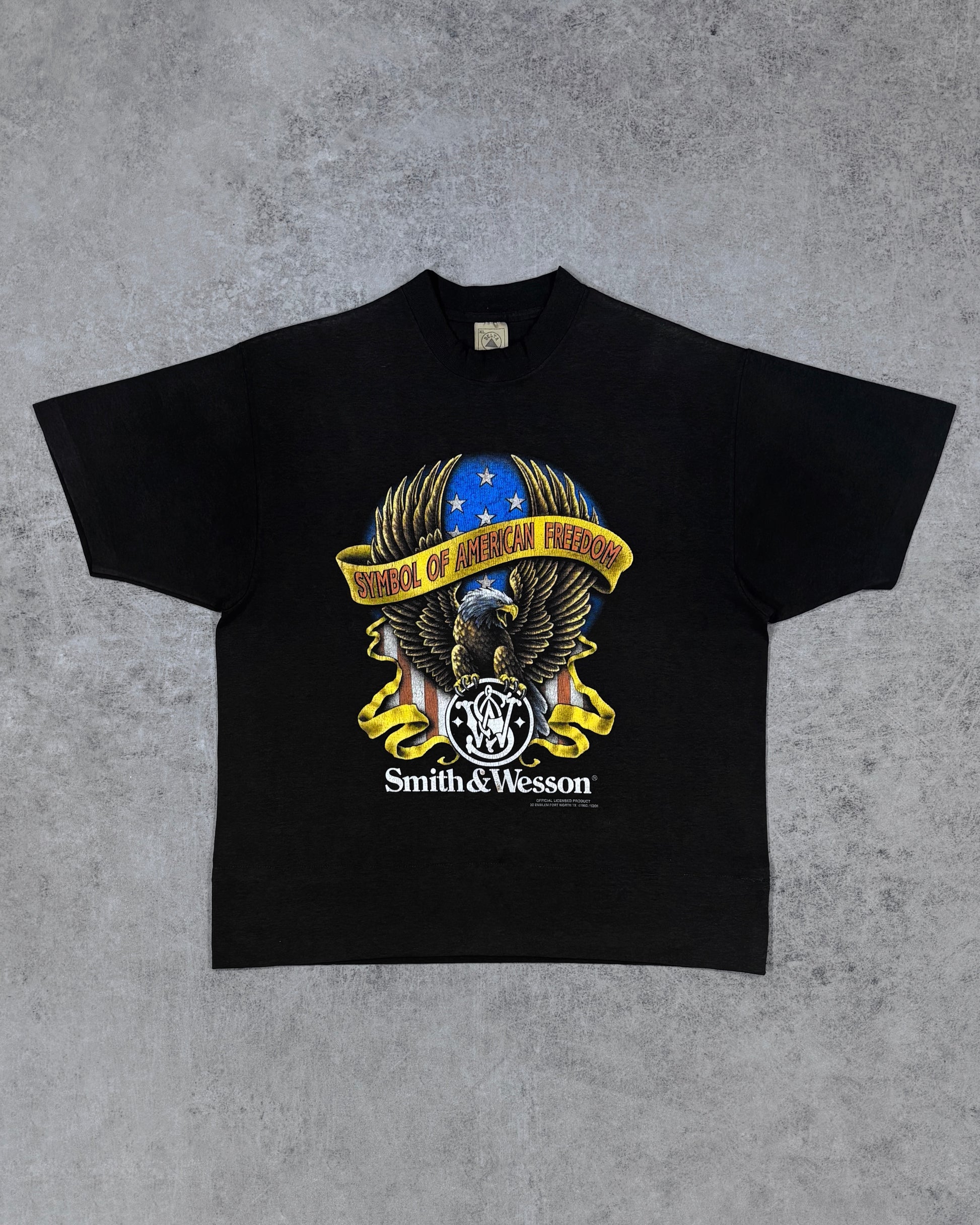 Vintage 1992 Smith and Wesson eagle graphic t-shirt, black, front view