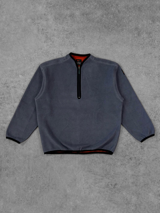Front view of vintage 1990s Nike technical fleece quarter-zip pullover in grey with orange mesh trim
