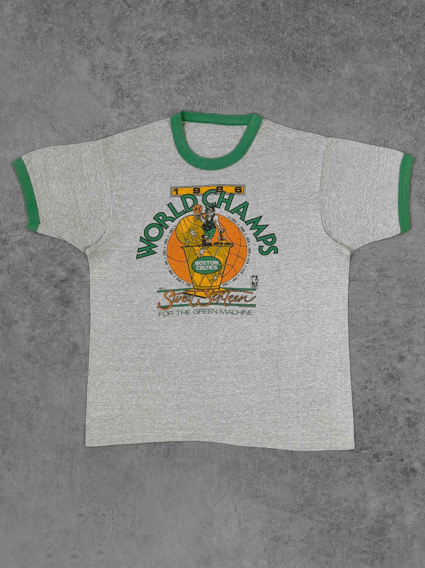 Vintage 1986 Boston Celtics ringer t-shirt, front view