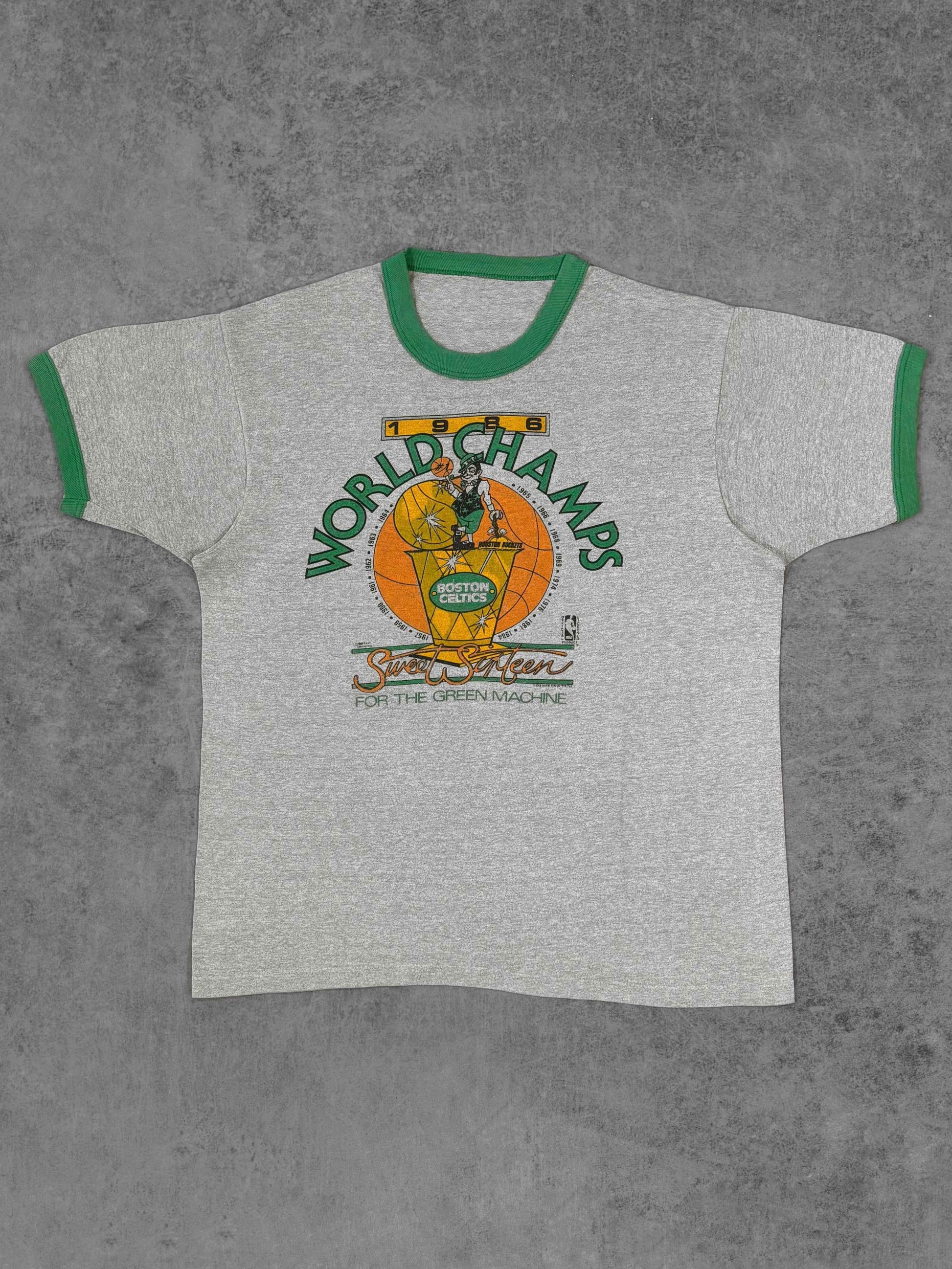 Vintage 1986 Boston Celtics ringer t-shirt, front view