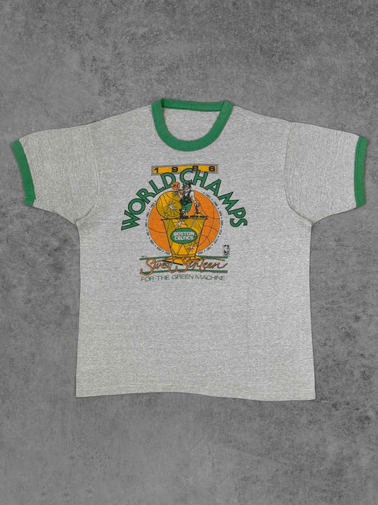 Vintage 1986 Boston Celtics ringer t-shirt, front view