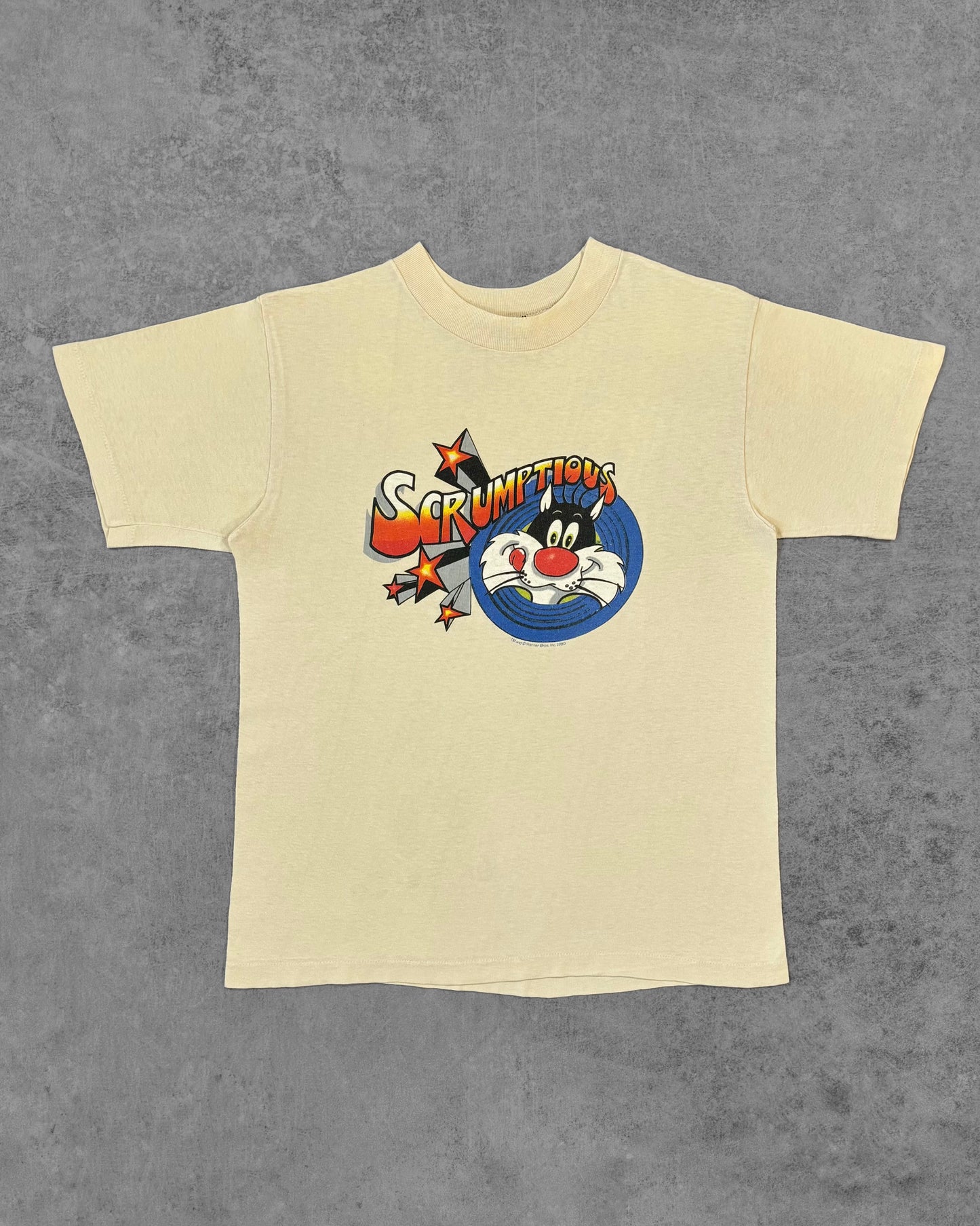 Front view of vintage 1980 Warner Bros Sylvester Scrumptious graphic t-shirt